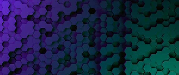 Honeycomb background with high resolution neon illumination. Honeycomb banner synchronous structure of hexagons with neon purple green lighting. 3D render.