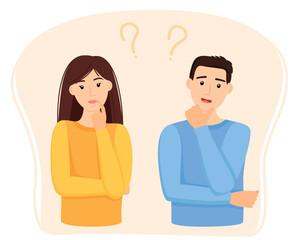 Thinking woman and man with question marks, vector illustration