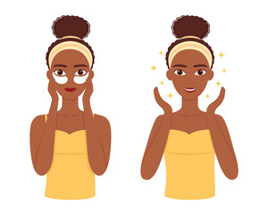 Young dark skinned woman care her skin around eyes. Beautiful girl with patches under eyes. Vector illustration
