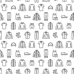 Seamless pattern with man clothes and accessories line icon. Vector illustration