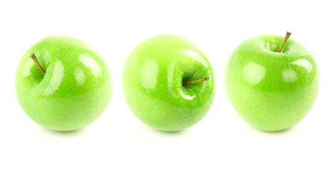 Organic green apple on a white background.