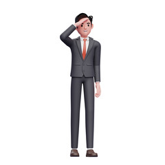 businessman in formal suit looking far away, 3D visionary businessman character illustration