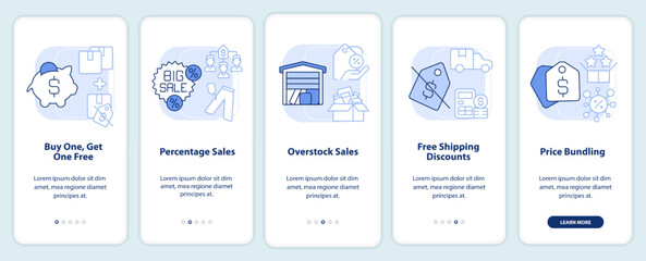 Types of discounts light blue onboarding mobile app screen. Sales walkthrough 5 steps editable graphic instructions with linear concepts. UI, UX, GUI template. Myriad Pro-Bold, Regular fonts used