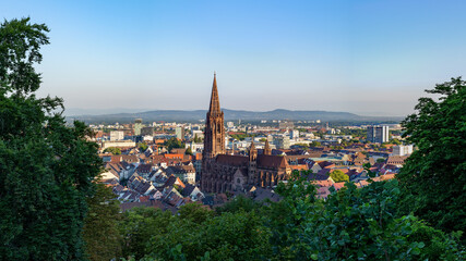 Fototapeta na wymiar Panoramablick auf das Freiburger Münster mit Kaiserstuhl am Horizont