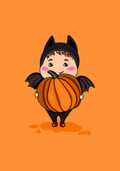 Fototapeta premium Vector drawing of a toddler in a bat costume with a pumpkin in his hands on an orange background. Halloween card 