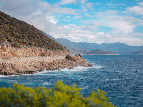 nobody on Seyrek CakIl beach , Mediterranean coast Sea, Kas, Turkey. Lycia coast on winter day during vacation