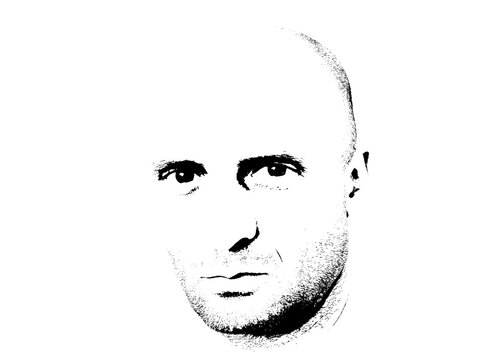 Black and white illustration with silhouette portrait of a handsome man with a bald head, dark and sexy eyes and a three-day beard, sexy gangster, mafia boy silhouette, hooligan portrait