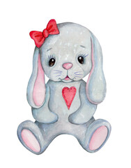 Cute cartoon bunny rabbit hare. Watercolor hand drawn painted illustration for children design.