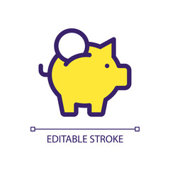 Put coin into piggy bank pixel perfect RGB color ui icon. Business and finance. Simple filled line element. GUI, UX design for mobile app. Vector isolated pictogram. Editable stroke. Arial font used