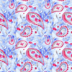 Watercolor abstract floral seamless pattern. Blue and red endless print. Indian paisley background. Vintage fractal wallpaper. Retro illustration. Flowers backdrop. Cute wallpaper