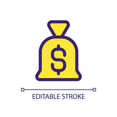 Bag of money pixel perfect RGB color ui icon. Personal savings. Finance, banking. Simple filled line element. GUI, UX design for mobile app. Vector isolated pictogram. Editable stroke. Arial font used