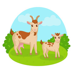 Goat and kid on the background of nature