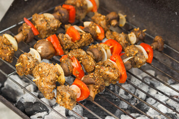 Cooking meat skewers on barbecue grill at outdoor summer party.