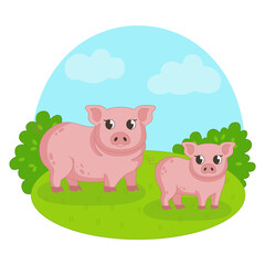 Pig and piglet on the background of nature