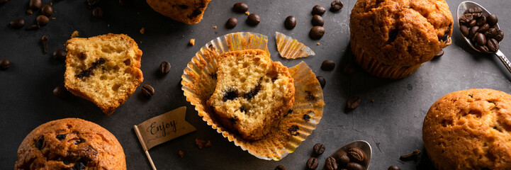Coffee muffins dessert, food background, bakery themes