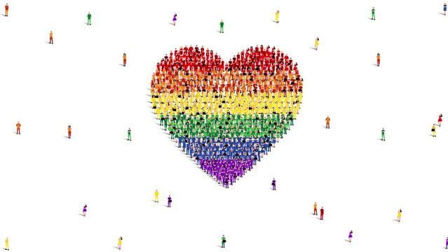 Happy Pride Month. A large group of people in LGBTQ flag color form to create the heart or love shape. 4k Animation Video