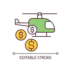 Military funding RGB color icon. Helicopter price. Rotorcraft and money. Financial support of army. Isolated vector illustration. Simple filled line drawing. Editable stroke. Arial font used