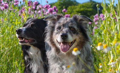 Hütehunde beim Spaziergang im Mohnfeld