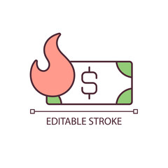Money and fire RGB color icon. Worthless money and inflation. Hyperinflation. Financial crisis. Isolated vector illustration. Simple filled line drawing. Editable stroke. Arial font used