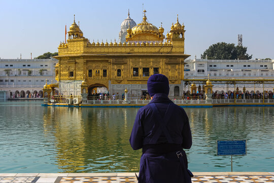 A sikh devotee follower praying at the Golden Temple Amritsar Punjab