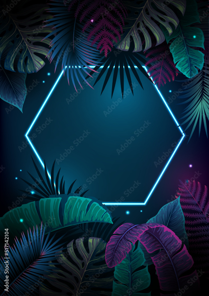 Wall mural summer background with neon frame and fluorescent tropic leaves. nature concept. vector illustration