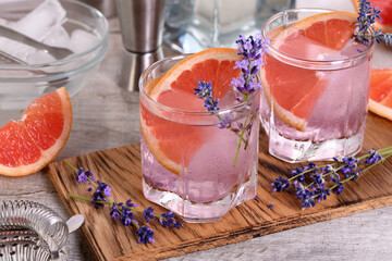 Paloma with soft delicate notes of lavender and grapefruit, very light, incredibly refreshing summer cocktail.