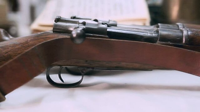 close-up panorama of vintage rifles