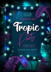 Summer tropic party poster with fluorescent tropic leaves and modern electric lamps. Nature concept. Summer background. Vector illustration