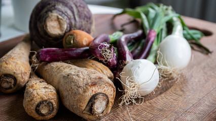 Seasonally grown red onion captured up close, along with other vegetables (carrots, onions, parsnips,rutabaga, parsnip).  Soup ingredients and food preparation concept. 