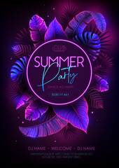 Summer party typography poster with fluorescent tropic leaves. Nature concept. Summer background. Vector illustration