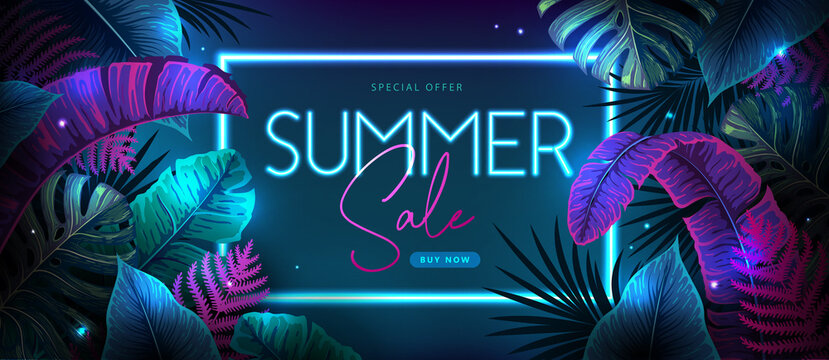 Summer big sale typography poster with fluorescent tropic leaves. Nature concept. Summer background. Vector illustration