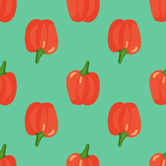 Seamless food pattern of bell pepper on green background. Backdrop for wallpaper, print, textile, fabric, wrapping. Vector illustration