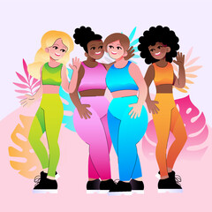 A woman with a different skin color. The concept of anti racism, the unity of different races, a friendly hug. African and European races. Flat vector illustration isolated