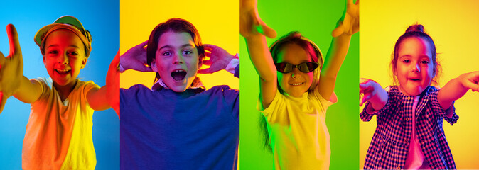 Horizontal flyer with set of images of cute kids, boys and girls isolated on multicolored background in neon light. Emotions, facial expression and childhood concept.