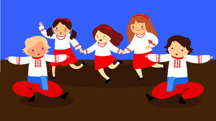 Children in embroidered shirts dance a folk dance