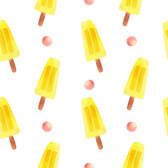 Seamless pattern with watercolor ice cream on stick. Hand painted summer dessert background.