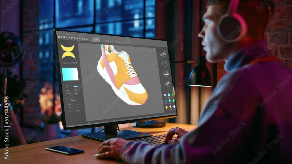 Poster teenage male footwear designer works on 3d model of shoe and change colours on it while working on d