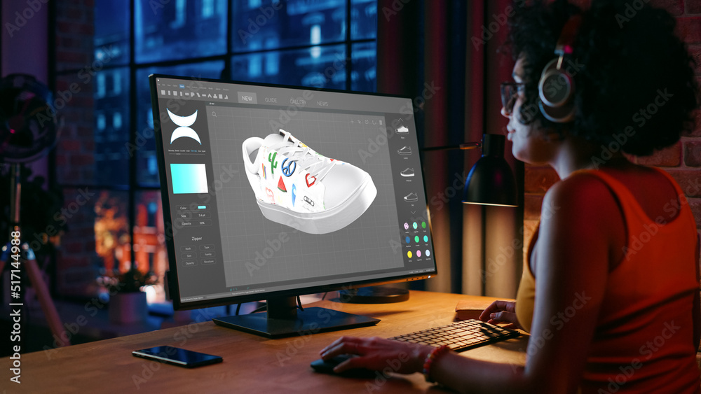 Poster black beautiful teen woman creating and rendering 3d model of unique sneaker at personal computer du