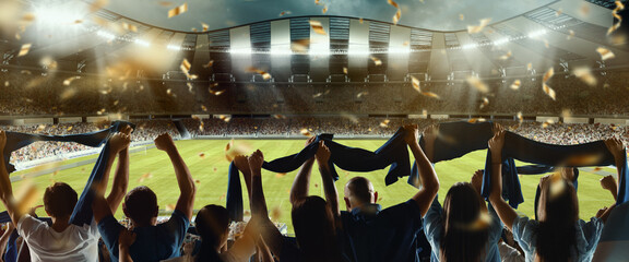 Back view of football, soccer fans cheering their team with colorful scarfs at crowded stadium at evening time. Concept of sport, support, competition. Out of focus effect © master1305