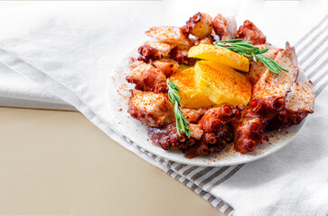 Pulpo al gallega o Galician style octopus typical Spanish tapa.Copy space