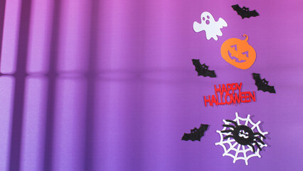 Obraz na płótnie Canvas A background with a ghost, pumpkin, bats and words of bloody letters for Halloween on a purple background. Copy space.