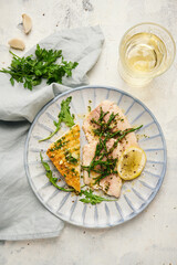 Trout with herb pesto and salicornia