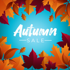 Vector sale banner with red, orange, brown and yellow autumn leaves