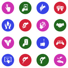 Hands Icons. White Flat Design In Circle. Vector Illustration.