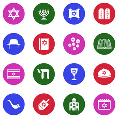 Hanukkah Icons. White Flat Design In Circle. Vector Illustration.
