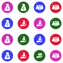 Money Bag Icons. White Flat Design In Circle. Vector Illustration.