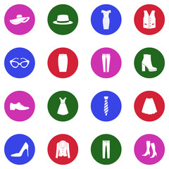 Stylish Clothes Icons. White Flat Design In Circle. Vector Illustration.