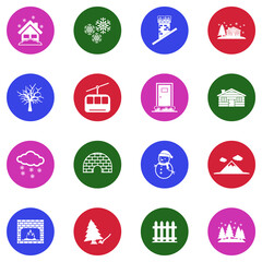 Winter Town Icons. White Flat Design In Circle. Vector Illustration.