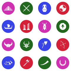 Ancient Icons. White Flat Design In Circle. Vector Illustration.