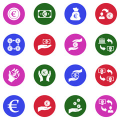 Euro Icons. White Flat Design In Circle. Vector Illustration.